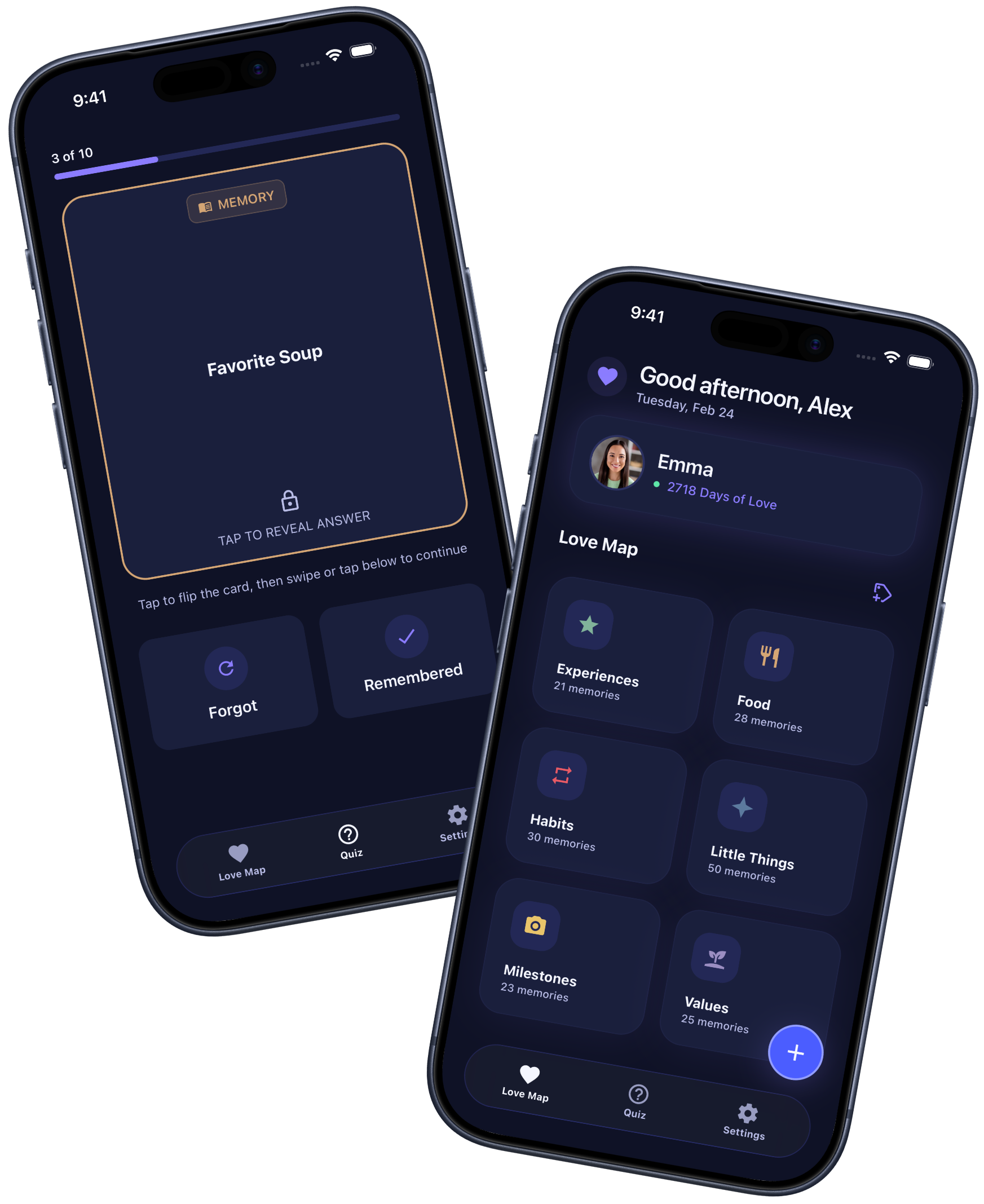 Affini app: Love Map home screen and quiz screen with memory cards on two phones.